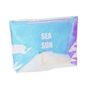 Customized logo Hologram Stand up Pvc Plastic Zipper Holographic Slider Pouch Cosmetic Makeup Skin Care Products Holographic Bag