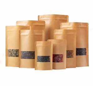 Customized Recycled Stand up Pouches Dry Food Packaging Brown Kraft Paper Bags with Translucent Window