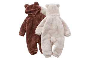 One Piece Warm Plush Newborn Jumpsuit Thick Hooded Winter Outerwear with Snap Button Closure 0-12 Months Kids Clothing