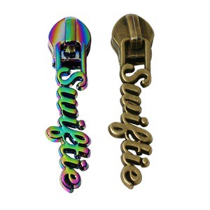 High Quality Zipper Puller Manufacturer Custom Letter logo Zip Slider #5 Head Purse Metal Brand Puller Tags for Leather Crafts