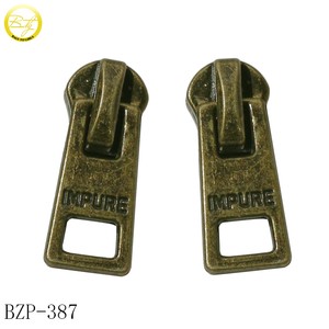 Fashion Zipper Puller Manufacturers Clothing Accessory Metal Zipper Type Antique Logo Zipper Slider Tags for Handbag Hardware