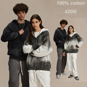 Unisex Gradient Zip-Up Hoodie Double Slider Brush Paint Design Castlebeard Brand Hooded Collar Winter Plain Dyed Techniques