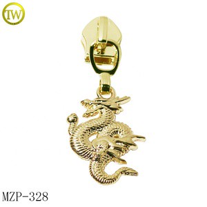 Custom Made Dragon Logo Zipper Tags Gold Plated Embossed Garment Accessory Metal Zipper Puller with Slider Made From Zinc Alloy
