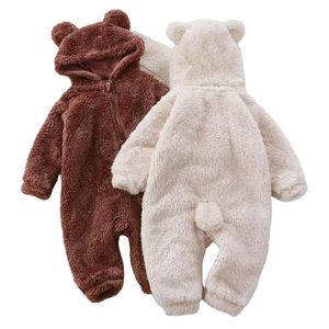One Piece Warm Plush Newborn Jumpsuit Thick Hooded Winter Outerwear with Snap Button Closure 0-12 Months Kids Clothing
