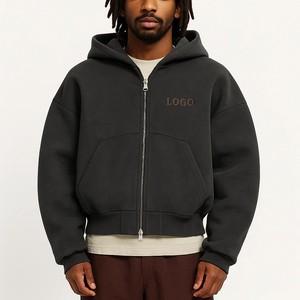 Custom Men Cotton 500Gsm Blanks Heavyweight Fleece Cropped Full Zip Up Oversized Hoodie with Double Slider Zipper Design