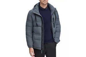 Custom Men's Winter Canvas Windbreaker Puffer Jacket with Slider Hood Casual Style Front Logo Zipper Contrast Color Coating