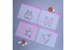 Cartoon Rabbit Frosted Embossed Zipper Bag with Ring Waterproof Stationery Archive Paper Storage