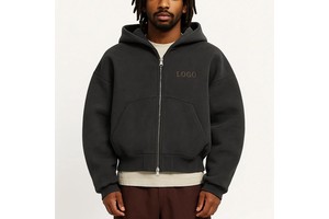 Custom Men Cotton 500Gsm Blanks Heavyweight Fleece Cropped Full Zip Up Oversized Hoodie with Double Slider Zipper Design