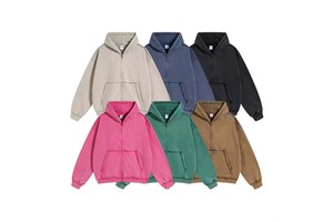 New Fashion Custom 450gsm Unisex Hoodie High Quality Acid Wash Streetwear Double Slider Zipper Vintage Hood Sew Cut Hoody Men